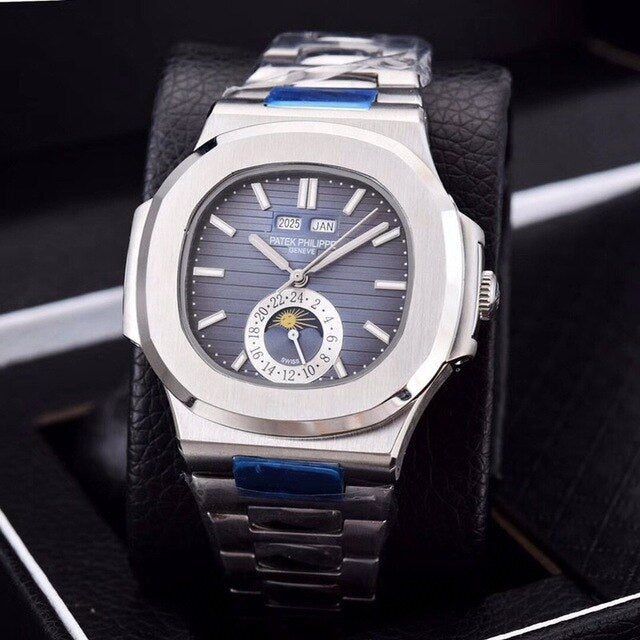 Patek- Philippe- New Automatic Mechanical Men Watch Silver Blue Stainless Steel Transparent Sapphire Glass Glide Watches 13435