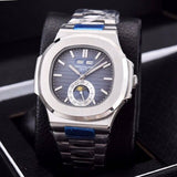 Patek- Philippe- New Automatic Mechanical Men Watch Silver Blue Stainless Steel Transparent Sapphire Glass Glide Watches 13435