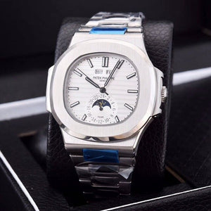 Patek- Philippe- New Automatic Mechanical Men Watch Silver Blue Stainless Steel Transparent Sapphire Glass Glide Watches 13435