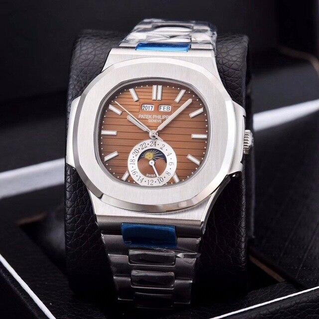 Patek- Philippe- New Automatic Mechanical Men Watch Silver Blue Stainless Steel Transparent Sapphire Glass Glide Watches 13435