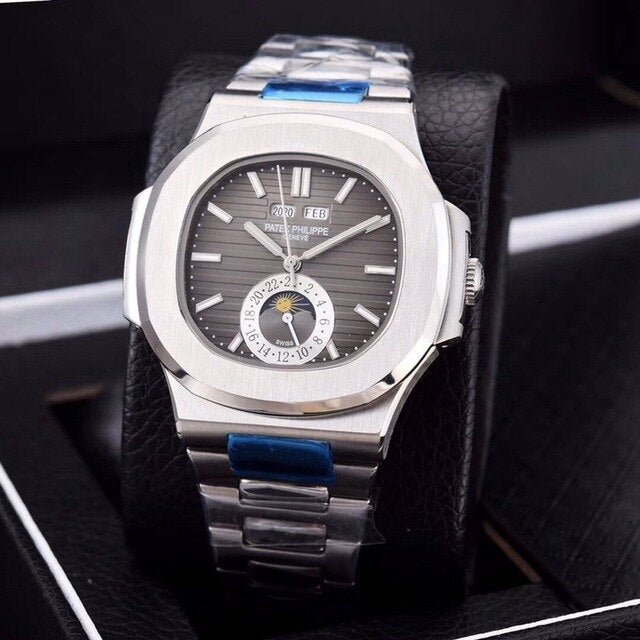 Patek- Philippe- New Automatic Mechanical Men Watch Silver Blue Stainless Steel Transparent Sapphire Glass Glide Watches 13435