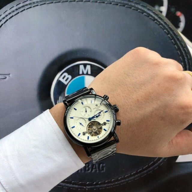 Patek- Philippe- New Automatic Mechanical Men Watch Silver Blue Stainless Steel Transparent Sapphire Glass AAA Glide Watches 699