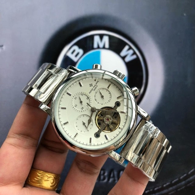 Patek- Philippe- New Automatic Mechanical Men Watch Silver Blue Stainless Steel Transparent Sapphire Glass AAA Glide Watches 699