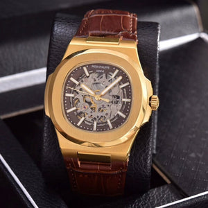 Patek- Philippe- New Automatic Mechanical Men Watch Silver Blue Stainless Steel Transparent Sapphire Glass Glide Watches 1335