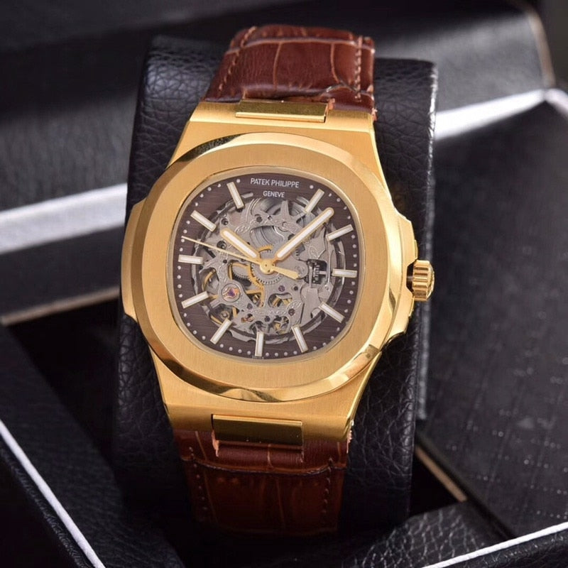 Patek- Philippe- New Automatic Mechanical Men Watch Silver Blue Stainless Steel Transparent Sapphire Glass Glide Watches 1335