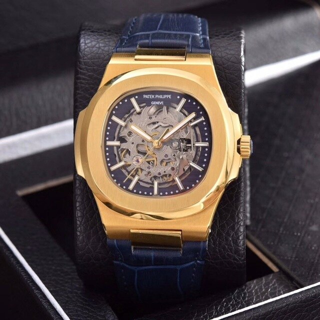 Patek- Philippe- New Automatic Mechanical Men Watch Silver Blue Stainless Steel Transparent Sapphire Glass Glide Watches 1335