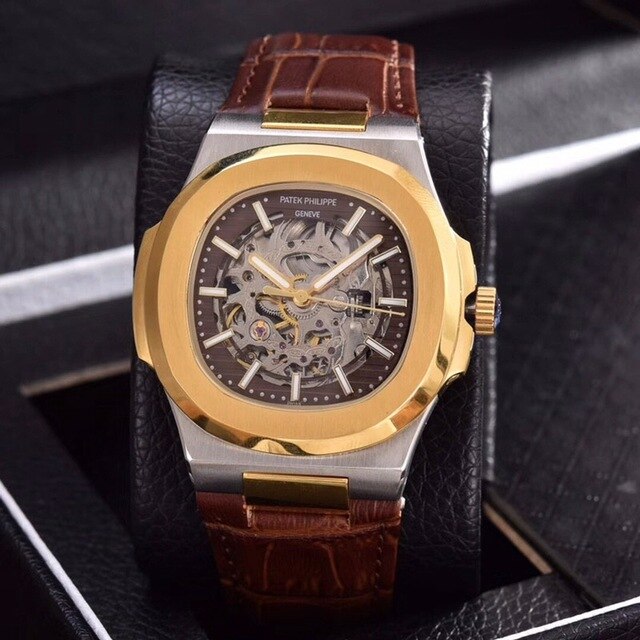 Patek- Philippe- New Automatic Mechanical Men Watch Silver Blue Stainless Steel Transparent Sapphire Glass Glide Watches 1335