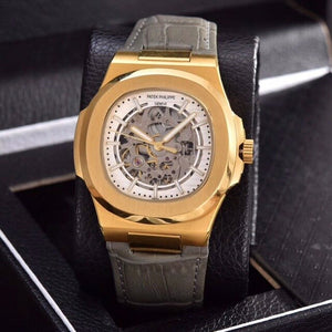 Patek- Philippe- New Automatic Mechanical Men Watch Silver Blue Stainless Steel Transparent Sapphire Glass Glide Watches 1335