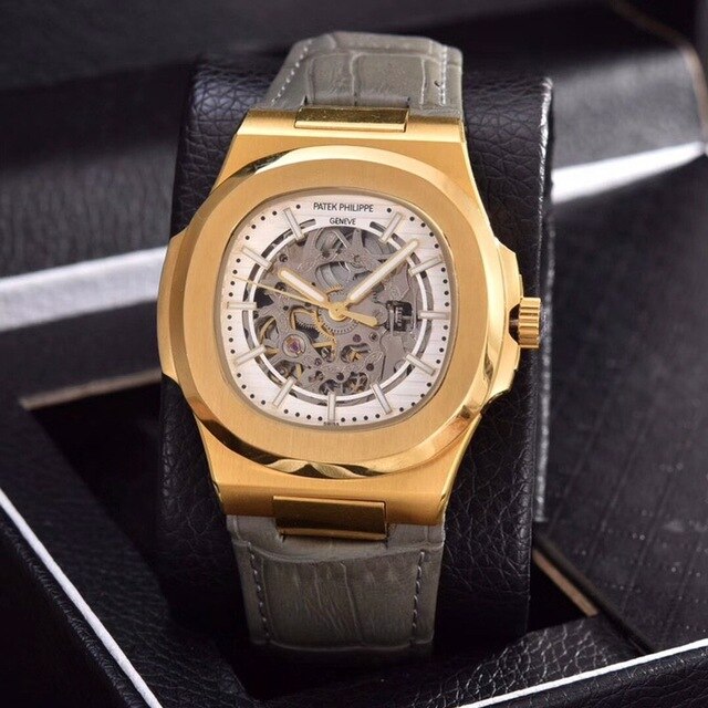Patek- Philippe- New Automatic Mechanical Men Watch Silver Blue Stainless Steel Transparent Sapphire Glass Glide Watches 1335