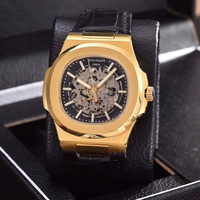 Patek- Philippe- New Automatic Mechanical Men Watch Silver Blue Stainless Steel Transparent Sapphire Glass Glide Watches 1335