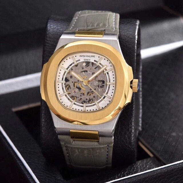 Patek- Philippe- New Automatic Mechanical Men Watch Silver Blue Stainless Steel Transparent Sapphire Glass Glide Watches 1335
