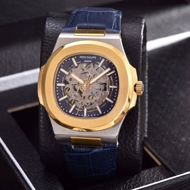 Patek- Philippe- New Automatic Mechanical Men Watch Silver Blue Stainless Steel Transparent Sapphire Glass Glide Watches 1335